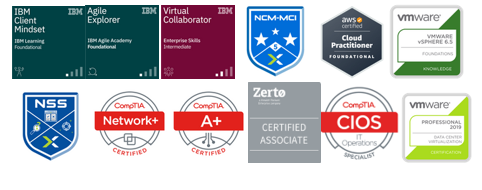 Professional certification and training badges including IBM, AWS, VMware, CompTIA, NSS and Zerto credentials